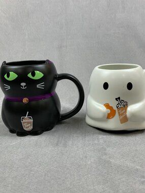 Lot of 2 Tim Hortons Halloween Mugs 24/25 White Ghost Black Cat Colour Changing